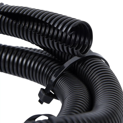 Close-up of Split Flex Tubing FLX-1050B 1 Inch By 50 Feet Black Pro Grade showing corrugated texture and split design for wire breakout