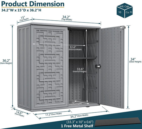 Beefy Outdoor Storage Cabinet With Doors And Shelf Grey Weatherproof HDPE Resin Box For Patio Garden Balcony 34 by 15 by 36 Inches