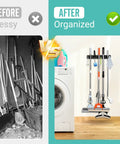 Before and after image showing Wall Mounted Broom And Mop Organizer With Five Ball Slots And Six Hooks, Durable ABS Plastic in use