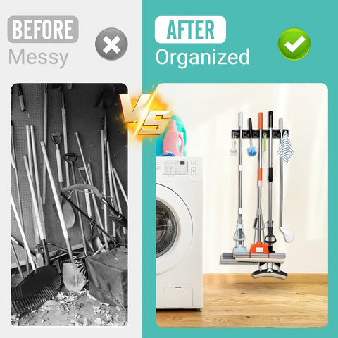 Before and after image showing Wall Mounted Broom And Mop Organizer With Five Ball Slots And Six Hooks, Durable ABS Plastic in use