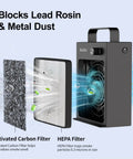 Solder Fume Extractor With HEPA And Activated Carbon Filter showing filter layers and smoke absorption
