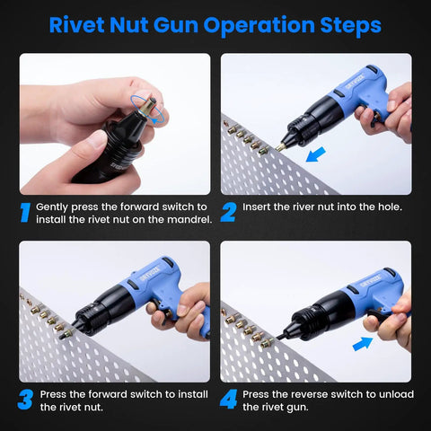 Instructional steps for using a Pneumatic Rivet Nut Gun Kit With Eleven Mandrels One Quarter Inch Five Sixteenths Inch Three Eighths Inch Pro