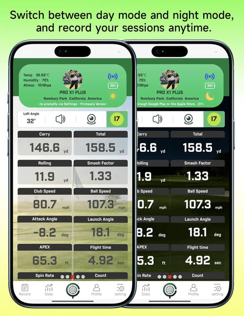 Portable Golf Launch Monitor And Home Simulator app on iOS displaying swing analysis data with real-time trajectory spin speed