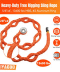 Kickass Adjustable Arborist Rigging Sling With Smooth Aluminum Block Ring Five Eighth Inch By 6 Point 7 Feet 10 Pocket Quick Setup Tree Lowering Gear Rated 13600 Lbs Break Strength For Hard Working Crews, orange heavy-duty rope with aluminum ring.