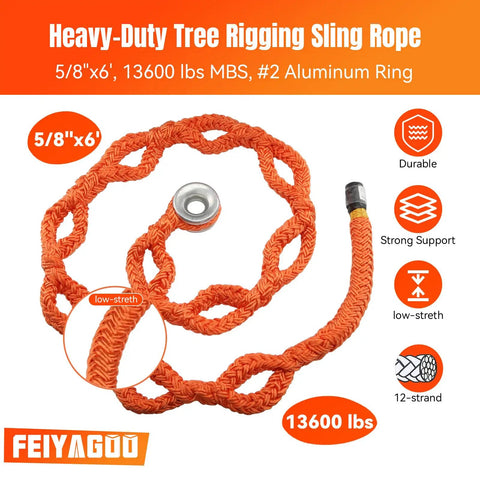 Kickass Adjustable Arborist Rigging Sling With Smooth Aluminum Block Ring Five Eighth Inch By 6 Point 7 Feet 10 Pocket Quick Setup Tree Lowering Gear Rated 13600 Lbs Break Strength For Hard Working Crews, orange heavy-duty rope with aluminum ring.