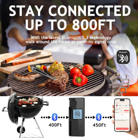 Wireless Meat Thermometer With 800 Ft Range And Dual Probes Bluetooth 5.3 Smart Food Thermometer For Grilling And Smoking LCD Display And App Connectivity With Protective Case For Indoor And Outdoor Cooking Grill Like A Pro shown with grill and smartphone app interface