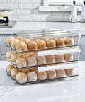 Three Layer Ramp Type Auto Rolling Egg Holder For Fridge, Clear Stackable Egg Storage Container, Food Grade PET Bin