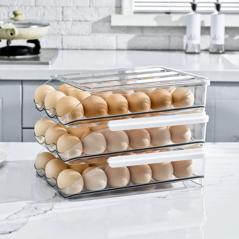 Three Layer Ramp Type Auto Rolling Egg Holder For Fridge, Clear Stackable Egg Storage Container, Food Grade PET Bin