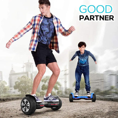 Two riders on Warrior 8.5 Inch All Terrain Off Road Scooter With Bluetooth Speakers And LED Lights Self Balancing for Kids and Adults