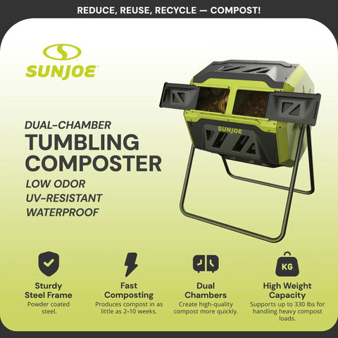 Outdoor Tumbling Composter Bin With Dual 360 Degree Rotation And 42 Gallon Capacity For Fast Home Composting Dual Chamber With Sliding Access Doors Heavy Duty Steel Frame UV And Weather Resistant Tumbler