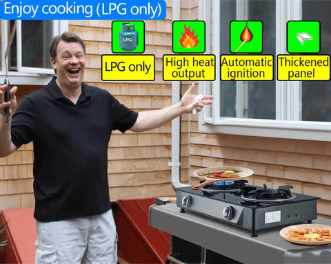 Propane Stove 2 Burner Gas Cooktop With Auto Ignition 26000 BTU Tempered Glass Outdoor Cooker LPG Setup in outdoor use