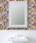 Top Shelf Hand Drawn Botanical Vinyl Wallpaper Featuring Subtle Leather Texture Hella Durable Commercial Wallcoverings Custom Printed Fresh On Demand Paste The Wall Setup For Rooms And Offices, purple floral pattern with mirror.