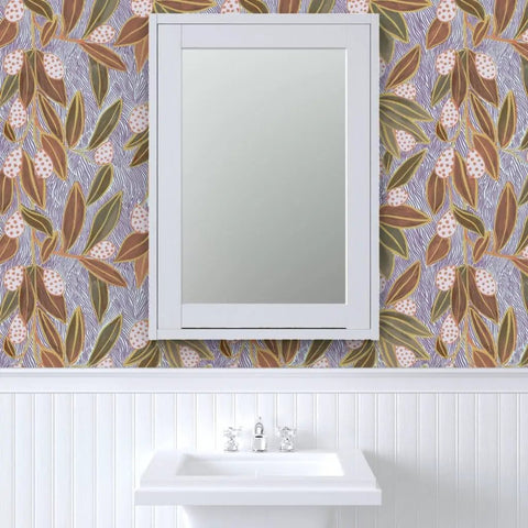 Top Shelf Hand Drawn Botanical Vinyl Wallpaper Featuring Subtle Leather Texture Hella Durable Commercial Wallcoverings Custom Printed Fresh On Demand Paste The Wall Setup For Rooms And Offices, purple floral pattern with mirror.