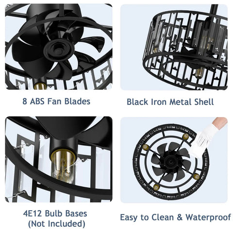 Details of Dope Matte Black Crystal Cage Ceiling Fan With Light, showcasing 8 ABS blades and black iron metal shell.