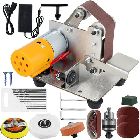Compact Mini Belt Sander Pack A Punch With Quick Adjust Speed Dial multifunctional setup with motor, abrasive strips, and polishing pads.