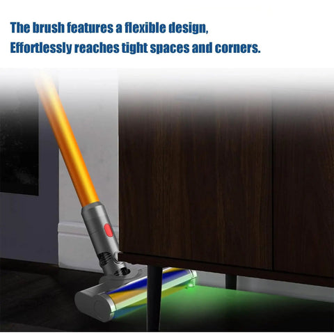 Soft Roller Laser Brush Head for V12 Detect Slim and V10 Slim Green LED Light Motorhead in use under furniture.