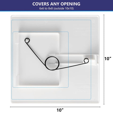 No Sweat Spring Fit Access Panel Covers Dreamy 8x8 Inch Drywall Cuts for plumbing with black spring mechanism, 10x10 inch size.