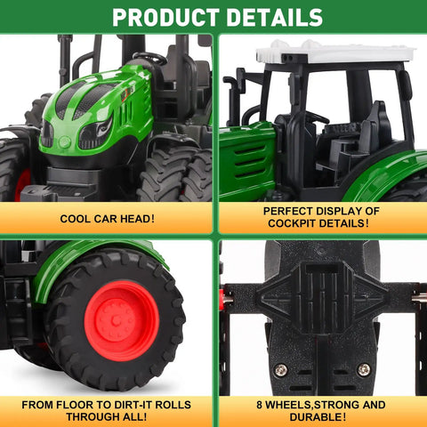 Close-up details of All Terrain Farm Tractor Toy For Kids 3 To 7 Years Old, 1 To 24 Scale Monster Truck with 8 Wheels.