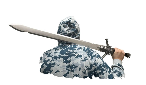 Person holding Medieval Foam Two Hand Sword For Cosplay Inspired By Dante Red Queen Sparda Rebellion Non Glow Replica with PU core