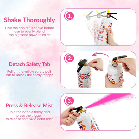 Instructions for using Big Time Gender Reveal Sprayers 2 Pack Biodegradable Color Powder Blasters with spray trigger.