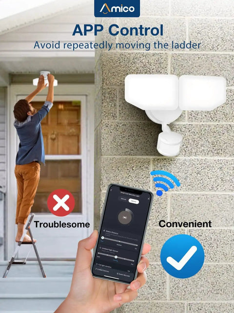 Person using app control for Smart Outdoor LED Motion Sensor Flood Lights With Dual 2-Head Design, 40W 4000-Lumen Security Floodlights.