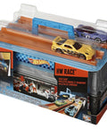 Race Case Track Set With Dual Launchers For Side By Side Racing And 1 64 Scale Cars Included Portable Storage Case Holds Track Pieces And Up To 10 More Cars Compact Playset For On The Go Auto Races on display in packaging