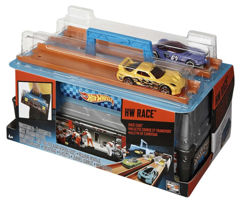 Race Case Track Set With Dual Launchers For Side By Side Racing And 1 64 Scale Cars Included Portable Storage Case Holds Track Pieces And Up To 10 More Cars Compact Playset For On The Go Auto Races on display in packaging