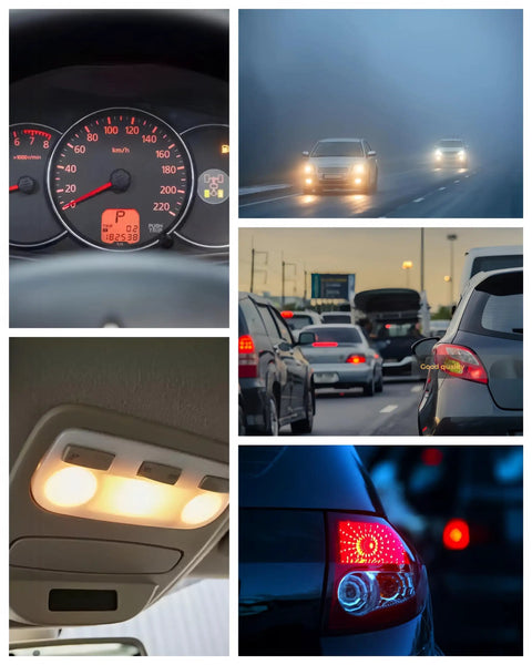 12 Pack 194 Auto Miniature Bulbs Long Life For Interior And Exterior Lighting on dashboard, headlights, and taillights.