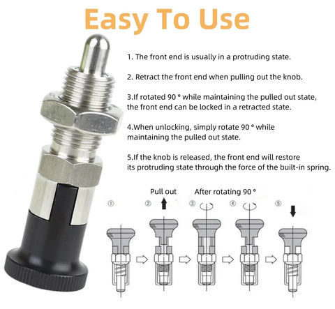 Top Shelf Stainless Steel Plunger Pin Set Double Pack For Tool Chest Organization With Quick Release Pull Ring Spring Loaded Self Locking Knob M10 Threads usage guide and features diagram.