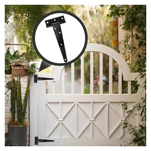 Beefy Heavy Duty Black Iron T Hinge With Screws on white outdoor gate for Fencing and Barn Doors