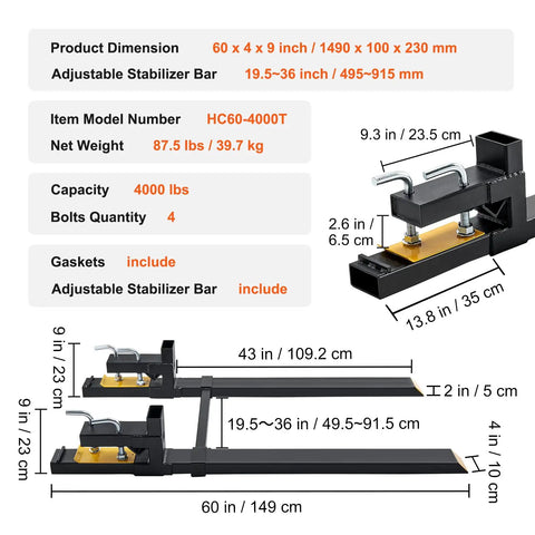Clamp On Pallet Forks For Loaders And Skid Steers, 4000 Lb Capacity, with dimensions and adjustable stabilizer bar details.