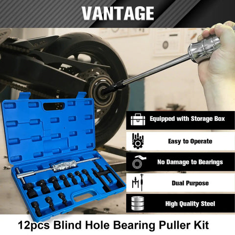 12-Piece Motorcycle Bearing Puller Kit With Slide Hammer, Inner Blind Hole Puller For Pilot Inserts, tools displayed in box