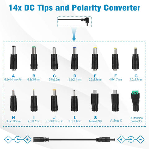 Adjustable DC Power Supply 3V To 12V 12A 144W With 14 Tips And Polarity Converter showing various connector types.