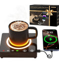 Cordless Mug Warmer With Built In Portable Charger Keeps Coffee Piping Hot On Desks Using Three Heat Settings, with steaming mug and charging phone.