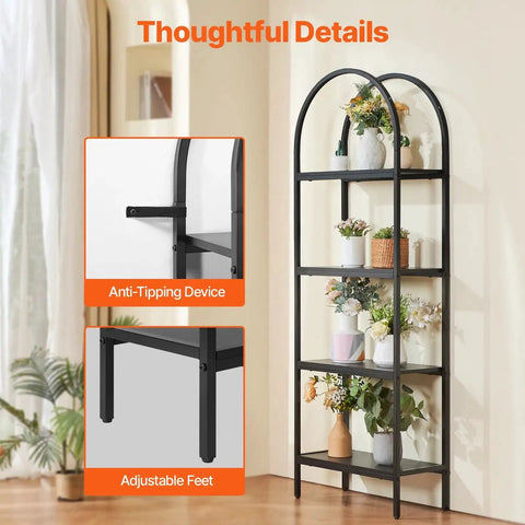 Rustic Vintage 4-Tier Arched Metal Storage Bookcase Freestanding Open Shelving Unit in living room with plants
