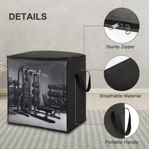 Black 70L Gym Equipment Storage Bag With Zippers And Handle, showing sturdy zipper, breathable material, and portable handle.