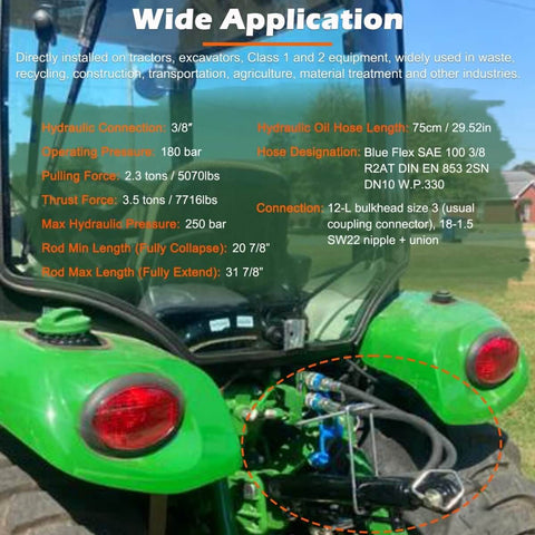 Hydraulic Top Link Cat 1 1 with Locking Block and Two Hoses, featuring Two Way Check Valve, installed on green tractor for Class 1 and 2 equipment.