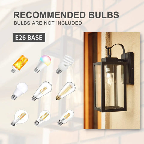 Dope Matte Black Outdoor Wall Light With Clear Glass Shade Weatherproof Front Porch Sconce beside recommended E26 bulbs