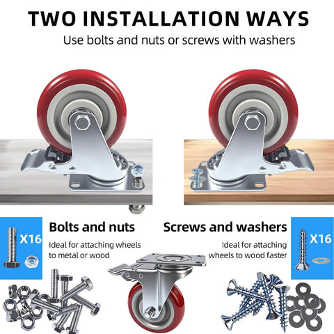 4 Inch Heavy Duty Swivel Caster Wheels Set Of 4 With Brakes And Locks For Furniture Tables Carts And Workbenches, mounted with bolts and screws
