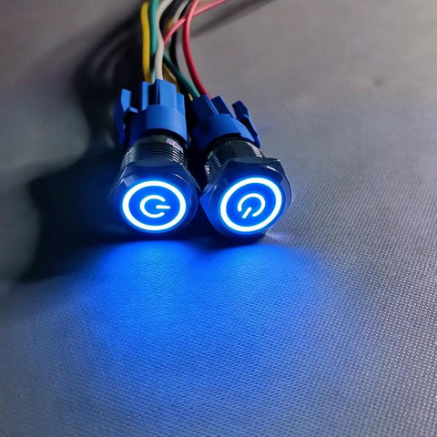 Two Pack 16mm Stainless Steel Latching Push Button Switch Waterproof IP65 12V 24V 5A SPDT On Off 1NO1NC With Blue LED And Wire Socket Plug