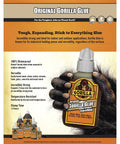 Label of Original Gorilla Glue bottle emphasizing its strength and versatility for various materials like wood, stone, and metal.