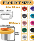 60 Sets Metal Grommets Kit With 3mm Round Eyelets And Washers In 12 Colors Display Showing Sizes And Color Options.