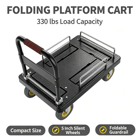 Foldable Guardrail Platform Hand Truck With 330 Lb Capacity Lightweight Flatbed Dolly Cart On 5 Inch Silent Wheels 71x47 Cm Rolling Trolley For Home Garage Warehouse Supermarket Transport, black