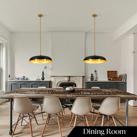 puncoll 20.5" Black and Gold Chandelier, 3-Light Dome Large Pendant Light over a dining table in a stylish room.