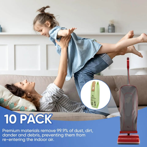 Child playing with parent next to vacuum cleaner and 10 Pack Type CC Vacuum Bags Replacement For Elevate Upright Vacuums image.