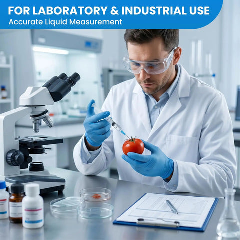 Scientist using 3ml Luer Lock Refilling Syringe Kit 23G 1 Inch Disposable to inject liquid into a tomato in a lab setting
