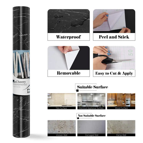 Black Marble Peel And Stick Countertop Paper 36x160 Inches Self Adhesive Vinyl Film for easy application and surface suitability.