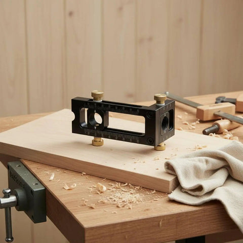 Premium Adjustable Hole Positioning Jig With Stainless Steel Sleeves For Accurate Doweling And Cabinet Assembly on wood surface.