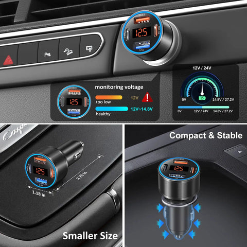 Quad Port Usb C Car Charger With Digital Voltage Gauge And Pd Fast Charge Tech For All Phones And Tablets Road Trip Ready Slick Black Finish in car socket.