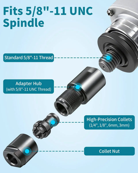 Two Pack Angle Grinder To Die Grinder Adapter Set with Five Eighths Eleven Thread Converts Grinders Into Die Grinders diagram